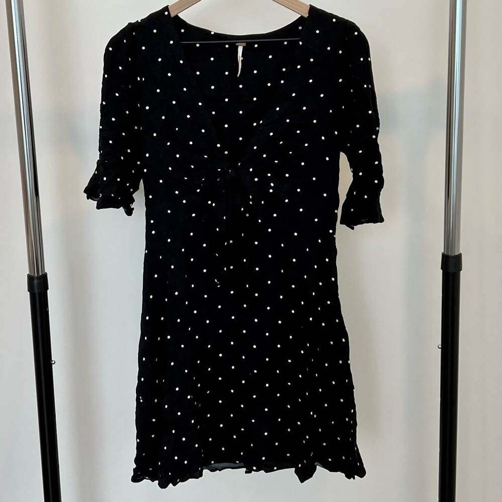 Free People Tie Front Black and White Polka Dot Mini Dress Size 6
